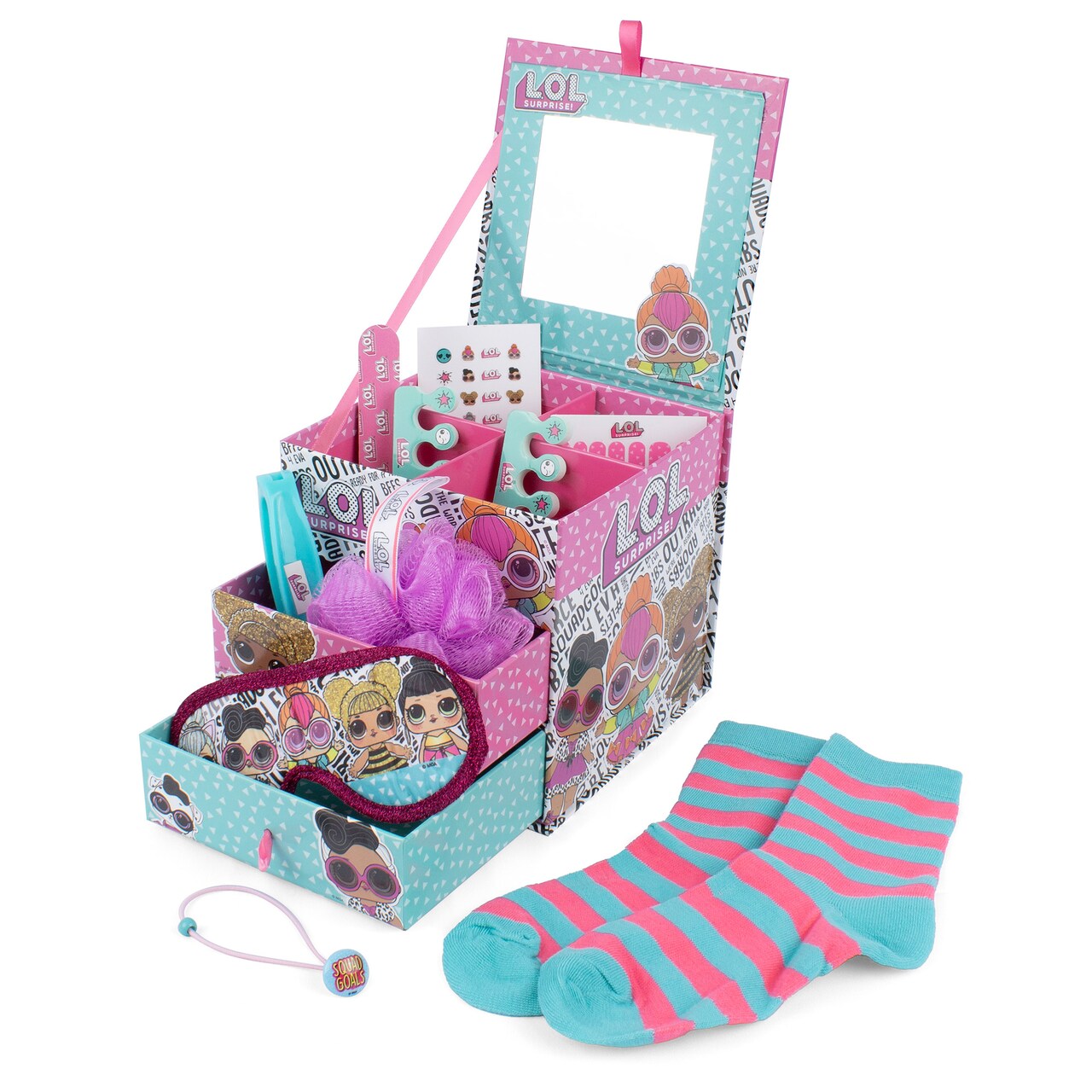 LOL Surprise Sleepover Set - Teal & Pink 3 Level Storage Box, 9 Surprises Inside, Beauty Essentials Kit, Nails, Sleep Mask, Girls & Kids Ages 6+